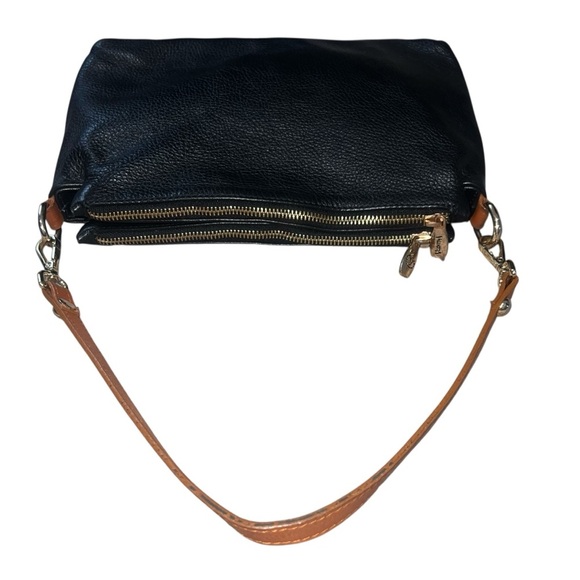 Valentina Triple Compartment Black Leather Shoulder Bag Tan Details - Picture 2 of 12